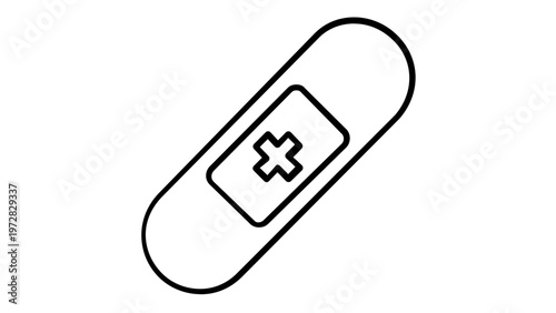 Minimalist medical bandage vector icon illustration for first aid and healthcare concepts. Scalable black line art of an adhesive plaster with a cross symbol, perfect for medical apps and web design.