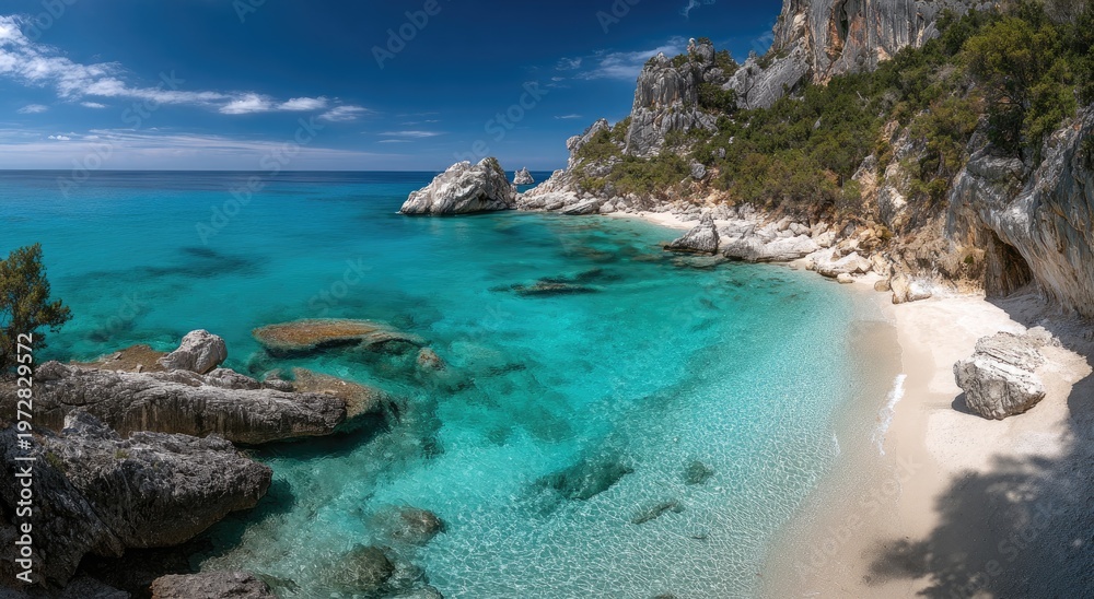 Naklejka premium Stunning Cala Luna Beach in Sardinia, Italy with Turquoise Waters and White Sand.