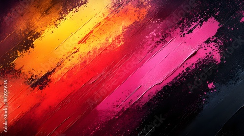 Vibrant diagonal paint strokes create a colorful abstract composition against a dark textured background.