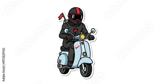 Rider in protective suit on a scooter with a red flag