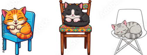 Cute cartoon cats sleeping peacefully on chairs, adorable kitten characters illustration, cozy rest, animal relaxation artwork for home, furniture, decoration design