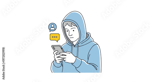 Young person wearing a hoodie using smartphone for digital communication.