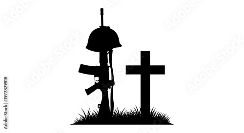 Silhouette of a fallen soldier's memorial with rifle, helmet, and cross.