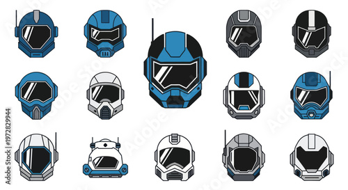 Set of futuristic sci-fi space helmet icons for gaming and technology illustration