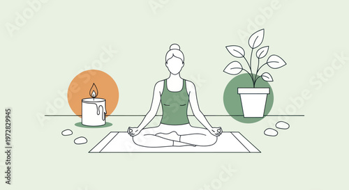 Minimalist line art illustration of a woman practicing yoga meditation in a peaceful setting.