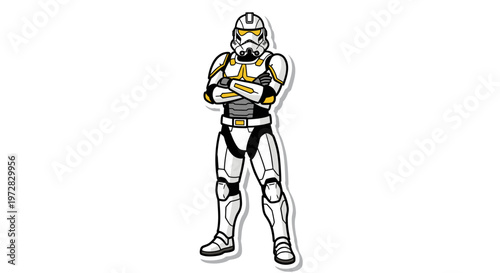 Stylized sci-fi soldier sticker illustration with futuristic yellow and white armor