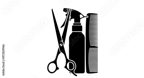 Hairdresser Tools: Scissors, Spray Bottle, and Comb Silhouette on White Background