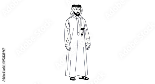 Middle Eastern Man in Traditional Clothing, Kandura and Ghutra, Line Art