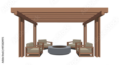 Modern wooden garden pergola with armchairs and fire pit isolated on white background