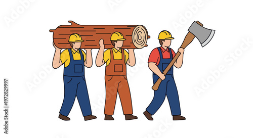 Three lumberjack workers carrying a large wooden log and an axe