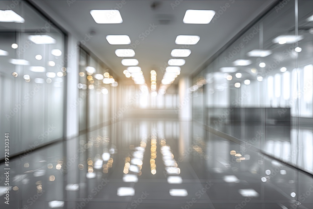 Fototapeta premium Modern Office Hallway with Reflective Floor and Bright Lights.