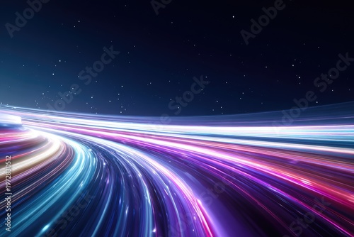 Abstract Light Trails Speeding Through Starry Night Sky.