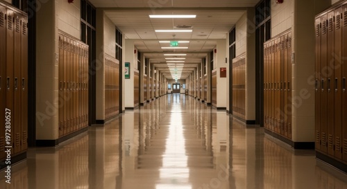 Corridor Perspective Long School Hallway Interior with Lockers and Receding Architecture High School or College Educational Institution Structure Education and Learning Environment