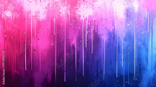 Vibrant pink and blue paint drips create an abstract textured background.