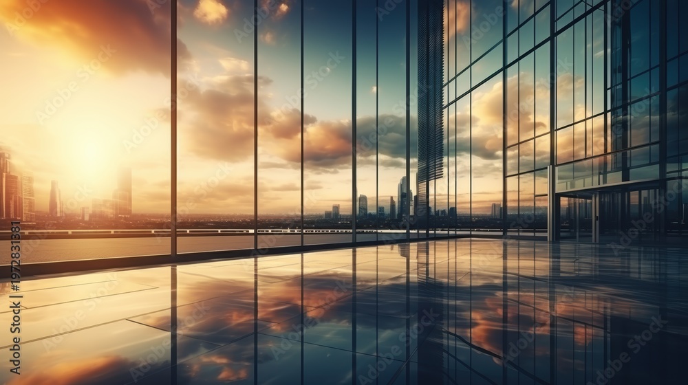 Fototapeta premium Modern office building or business center. High-rise window buildings made of glass reflect the clouds and the sunlight. empty street outside wall modernity civilization. growing up business