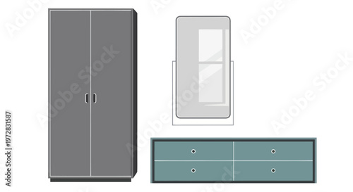 Modern bedroom furniture set with wardrobe, mirror, and chest of drawers illustration.