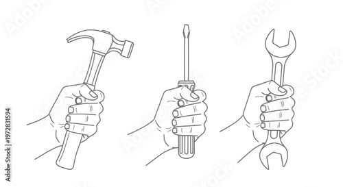 Hands holding a hammer, screwdriver, and wrench in a graphic line art style.