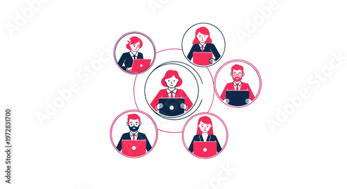 Diverse team collaborating online via laptops, connected in a network.