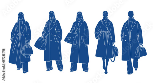 Five stylish women in winter coats and carrying handbags minimalist illustration