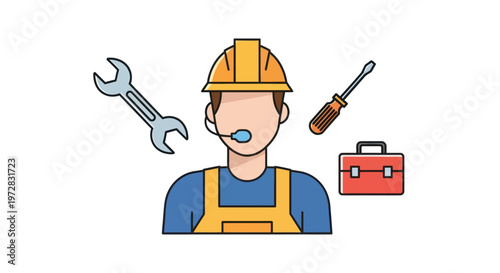 Technical support specialist and repairman icon with tools and hard hat