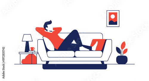 Man relaxing comfortably on sofa at home.