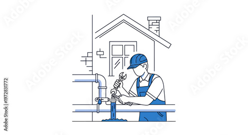 Plumber fixing a leaking pipe outside a house, offering professional plumbing service.