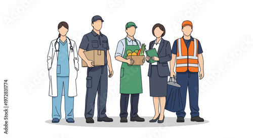 A group of diverse professional essential workers standing together.