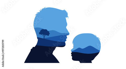 Vector illustration of family connection with nature landscape inside profiles.