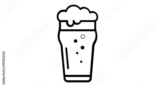 Minimalist vector icon illustration of a full pint glass of craft beer with thick frothy foam head and carbonation bubbles, flat line art style for brewery branding, pub menus, and bar logos.