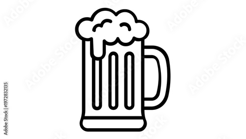 Minimalist beer mug vector icon illustration with foam head, scalable black line art design for brewery, pub, bar, and beverage branding, isolated on white background for graphic design.