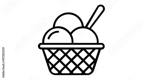 Minimalist vector line icon illustration of three scoops of delicious ice cream served in a waffle bowl with a spoon, perfect for dessert menus, food apps, and summer-themed graphic designs.