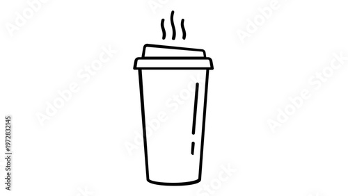 Vector icon illustration of a steaming hot coffee cup with a lid. Minimalist black line art of a disposable take-out beverage cup for cafe branding. Scalable flat design for drink menus.