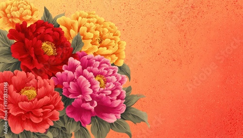 Vibrant Peony Flowers in Full Bloom Against a Textured Orange Background.