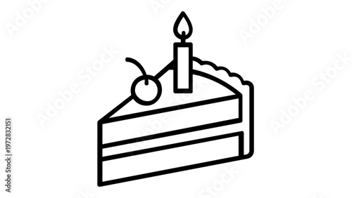 Minimalist vector icon illustration of a delicious slice of birthday cake with a cherry on top and a lit candle, perfect for celebration, party, dessert, bakery, and food-themed graphic designs.