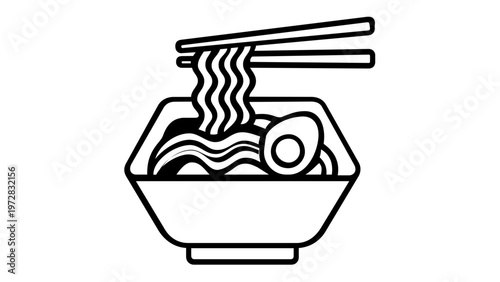 Ramen noodle bowl vector icon illustration with chopsticks lifting wavy noodles and a soft-boiled egg. Minimalist flat line art design for food menu, restaurant branding, or cooking apps.
