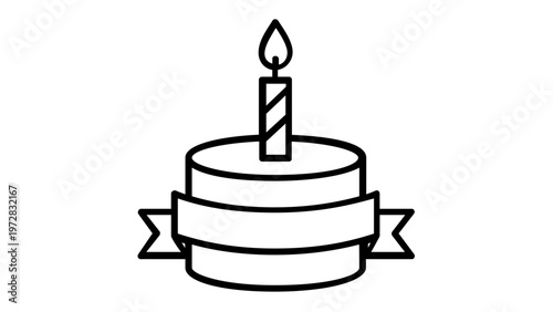Minimalist birthday cake vector icon illustration with a single lit candle and a decorative banner, perfect for celebration, anniversary, and party designs, scalable black line art graphic.