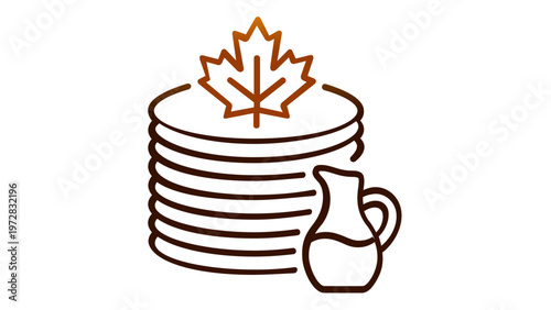 Minimalist vector icon illustration of a stack of delicious pancakes topped with a maple leaf and served with a pitcher of maple syrup, featuring a brown gradient line art style for breakfast.