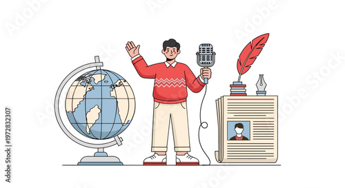 Journalist reporting news with microphone and globe illustration