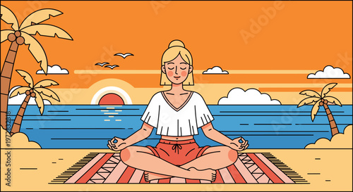 Woman meditating at sunset beach peaceful summer evening vector illustration