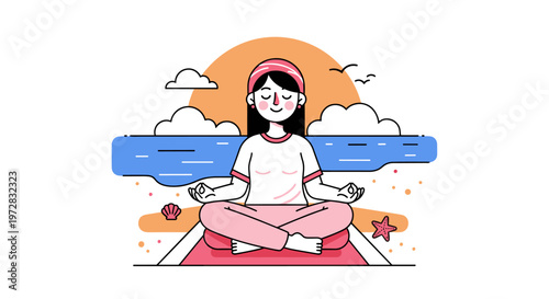Young woman meditating by the sea sunset peaceful summer lifestyle vector illustration