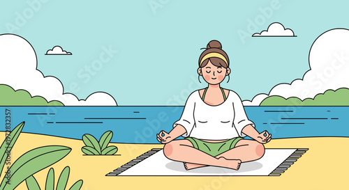 Woman meditating on beach peaceful summer relaxation flat vector illustration