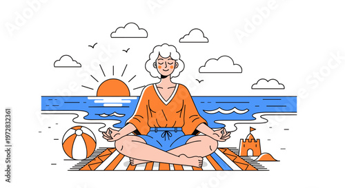 Woman meditating on beach at sunrise calm summer relaxation flat vector illustration