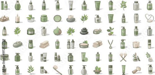 A flat lay arrangement showcases a variety of green toned cosmetic and wellness products alongside botanical elements like leaves high quality professional detailed