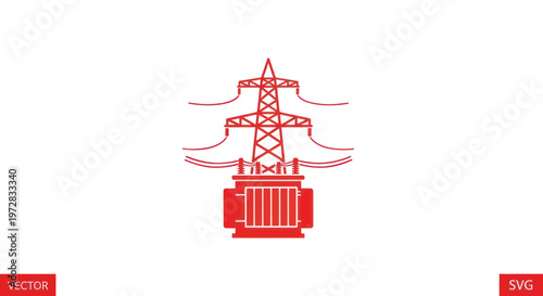 Red electrical substation and power line pylon icon on white background
