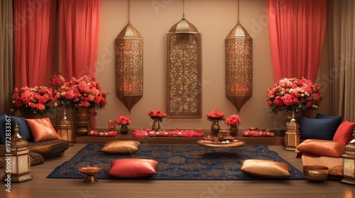 Ornate Eid Home Interior with Hanging Lanterns and Flowers