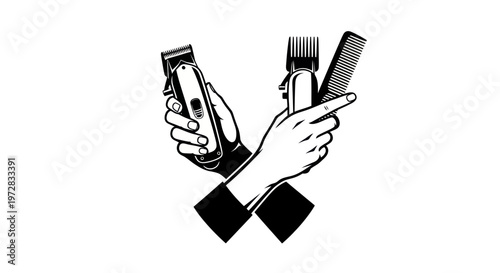 Barber Tools Crossed: Hair Clippers and Comb in Hands Illustration