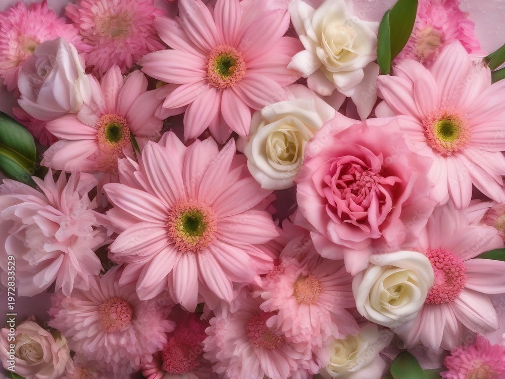 Fototapeta premium Spring flower arrangement pastel pink flat lay overhead