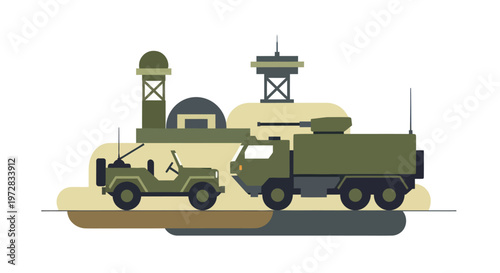 Military base with army vehicles and defense infrastructure illustration.