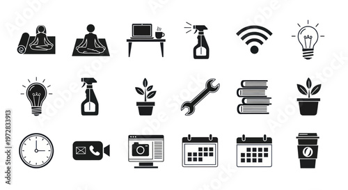 Diverse Collection of Flat Black Icons for Everyday Life and Business