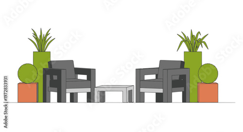 A modern outdoor lounge area with chairs, a table, and potted plants on a white background.
